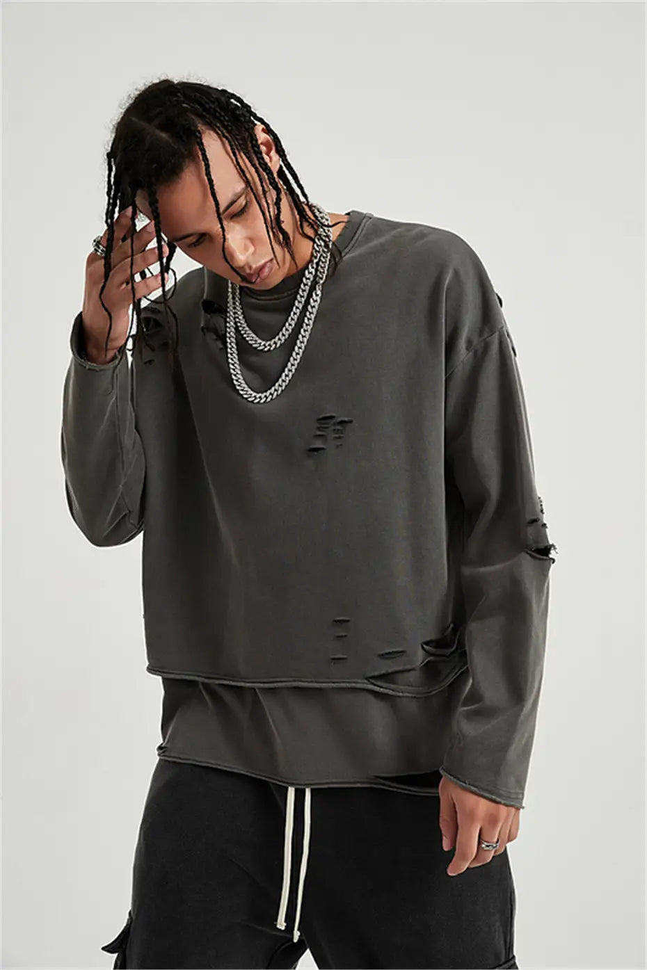 Hip Hop Streetwear Vintage Sweatshirt 2026 Autumn Creative Distressed Destroyed Ripped Holes Pullover Cotton Tops Loose