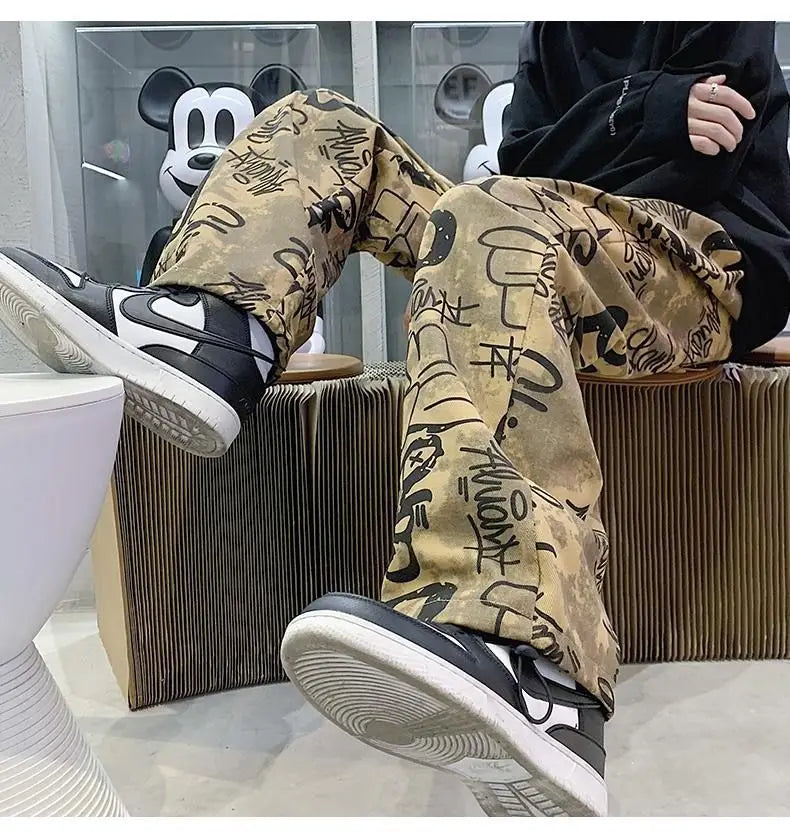 High Street Graffiti Tie-dye Pants Men Casual Loose Oversized Hip-hop Trousers Man American Straight Wide-leg Pants