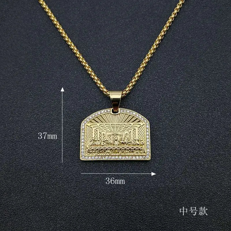 Hip Hop Bling Iced Out Rhinestones Stainless Steel The Last Supper Geometric Square Pendant Necklace for Men Rapper Jewelry
