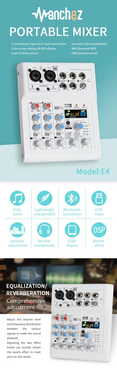Manchez E4 E7 Mini 4 6 A4 A6 Channel Sound Card Mixer USB Console DJ Karaoke Smartphone Professional Computer Recording 48V DJ