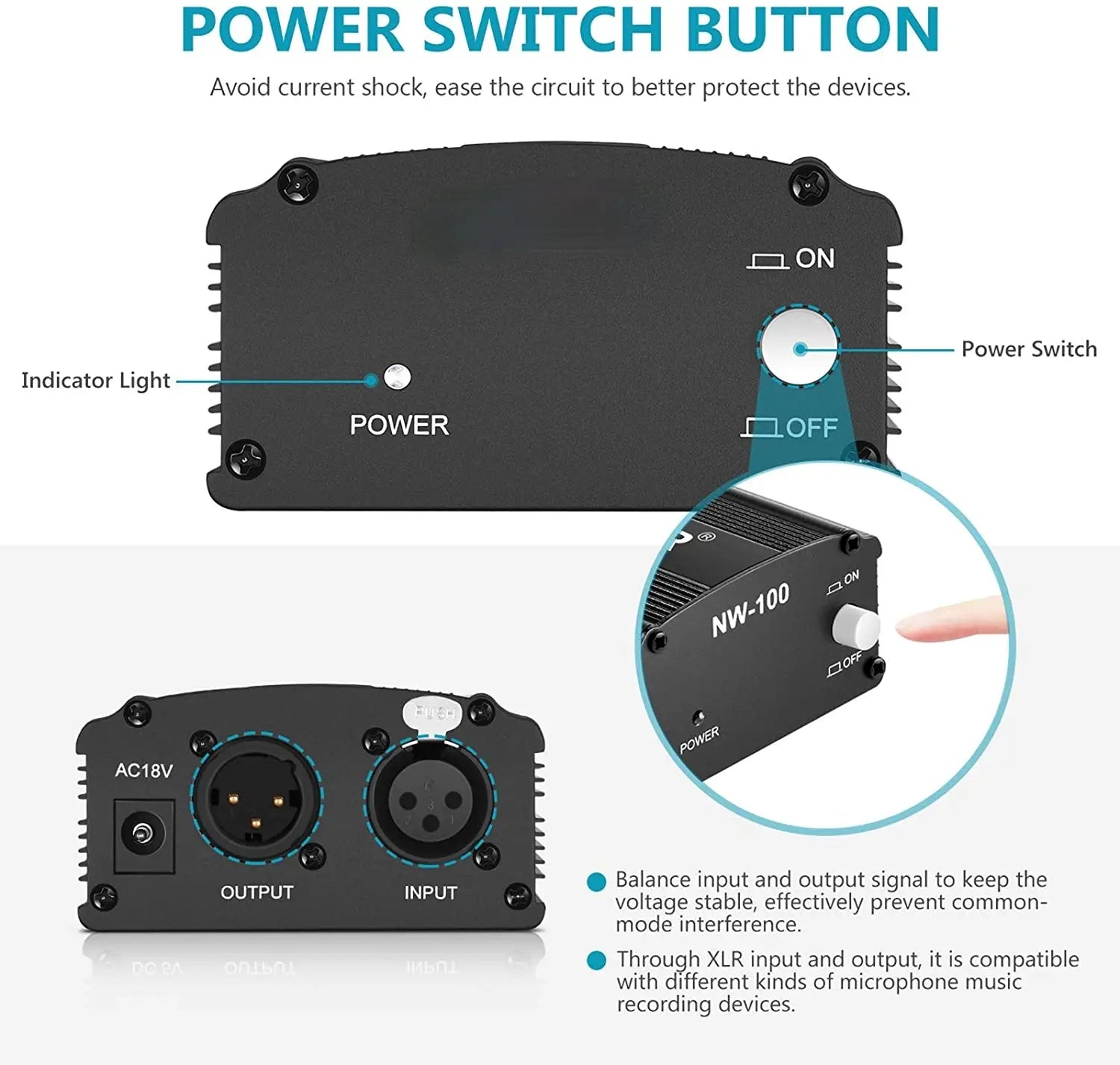 48V Phantom Power Supply with Adapter Bonus + XLR 3 Pin Microphone Cable for Any Condenser Microphone Music Recording Equipment