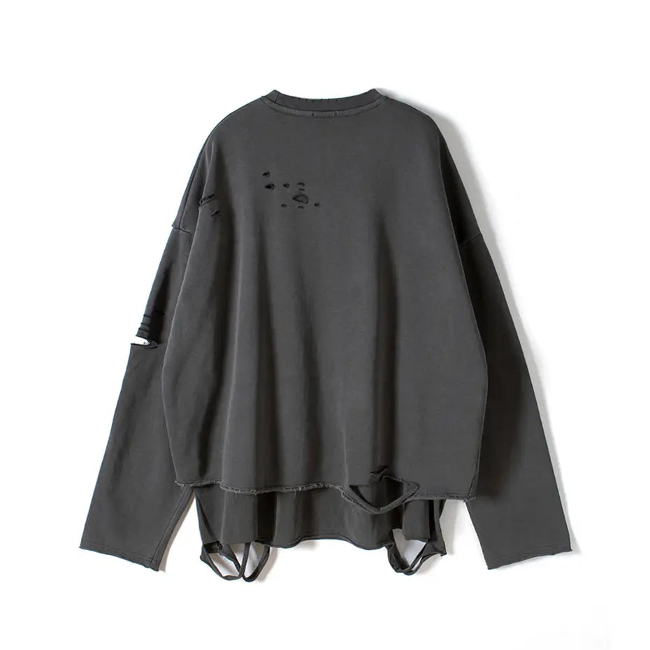 Hip Hop Streetwear Vintage Sweatshirt 2026 Autumn Creative Distressed Destroyed Ripped Holes Pullover Cotton Tops Loose
