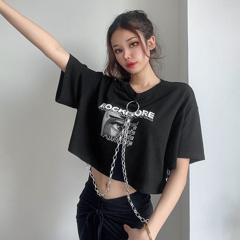 Hip-hop Black Tops with Chain Women Harajuke Loose Print T-shirt Female Streetwear O-neck Short Sleeved Cropped Top Dance 2025