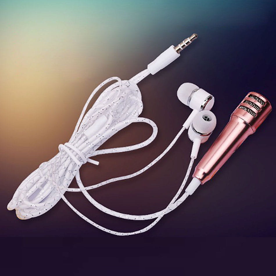 Portable 3.5mm Wired Mini Karaoke Microphone Stereo KTV Condenser MIC with Earphones for Mobile Phone Laptop PC Desktop Computer