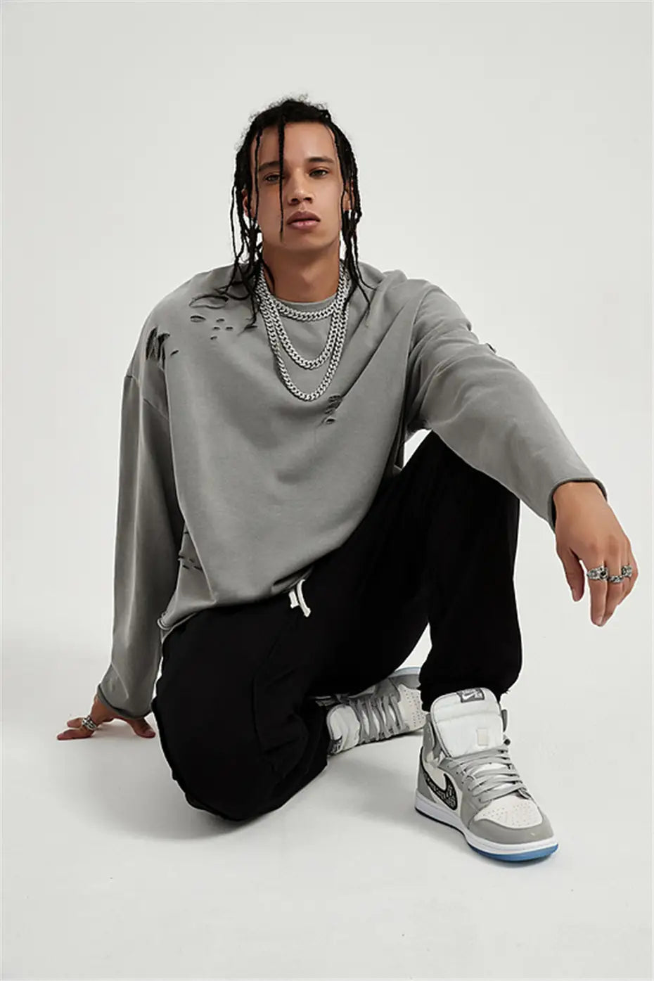 Hip Hop Streetwear Vintage Sweatshirt 2026 Autumn Creative Distressed Destroyed Ripped Holes Pullover Cotton Tops Loose