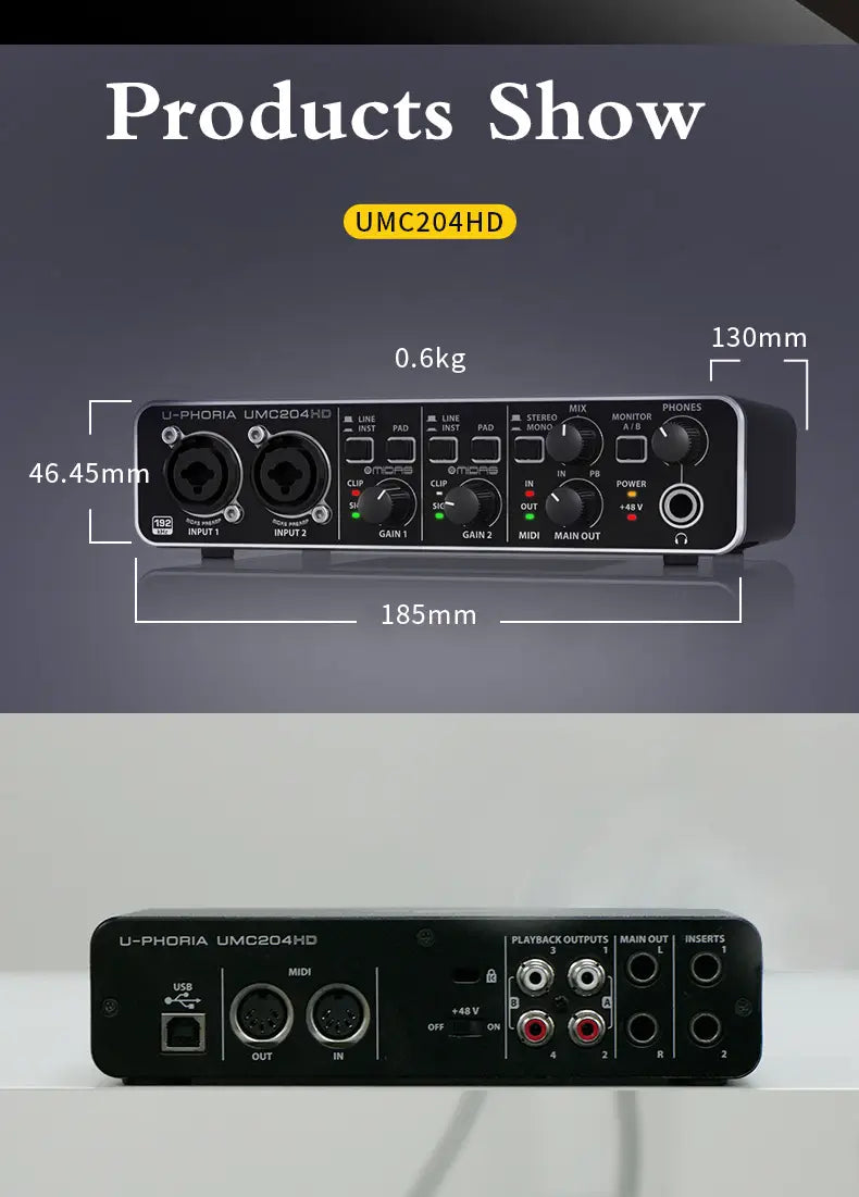 Behringer UMC204HD/UMC202HD/ UMC22 Sound Card Audio Interface Recording Independent External Sound Card Midi Live Broadcast