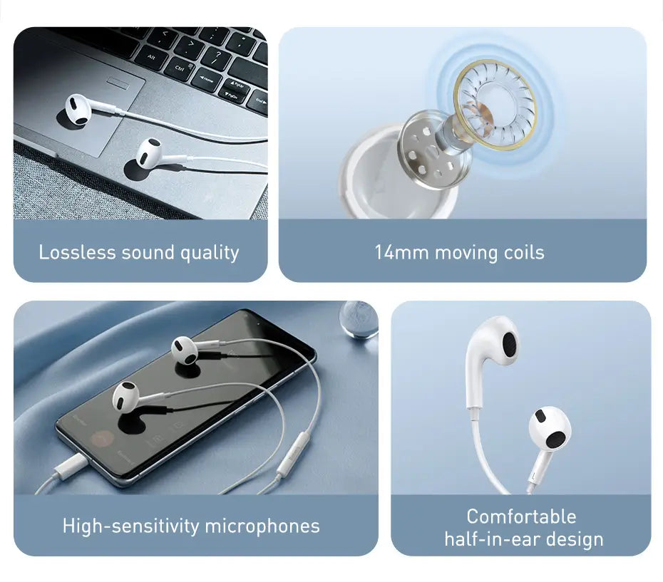 Baseus C17 Wired Earphone Type-C with Mic in-ear Wired Headphones For Xiaomi Samsung NOTE 10 NOTE 20 S21 S20 Cellphone Headsets