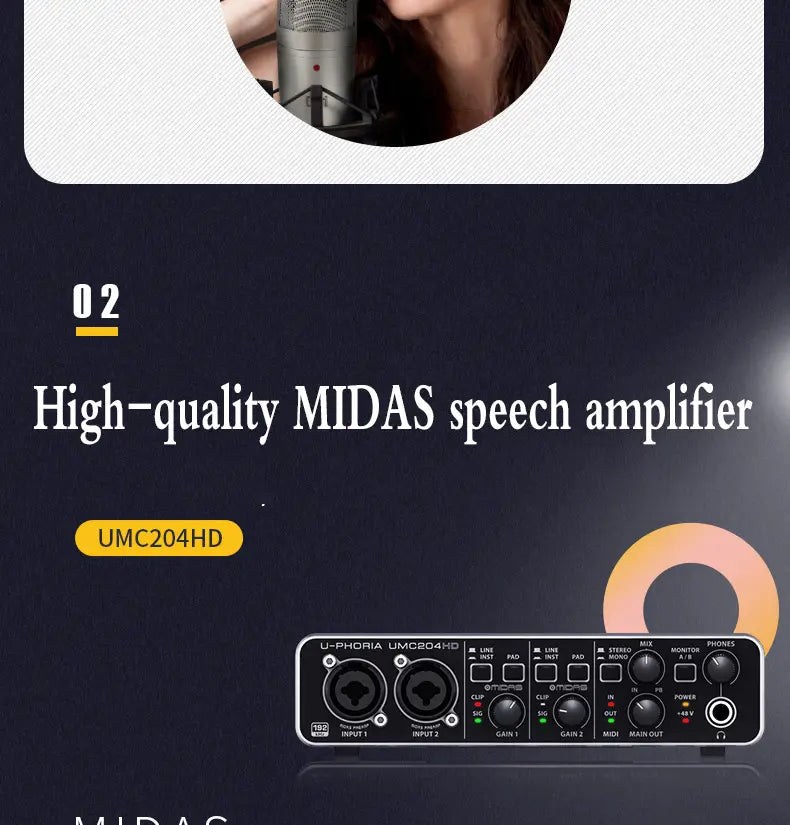 Behringer UMC204HD/UMC202HD/ UMC22 Sound Card Audio Interface Recording Independent External Sound Card Midi Live Broadcast