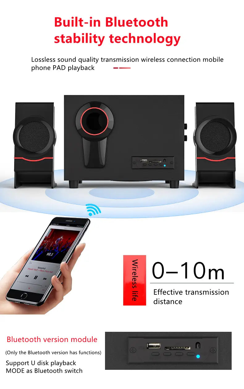 2.1 Multimedia Bluetooth Audio System Home Theater Surround Computer Active Combination Wooden Speaker AUX USB Cable Post TV PC