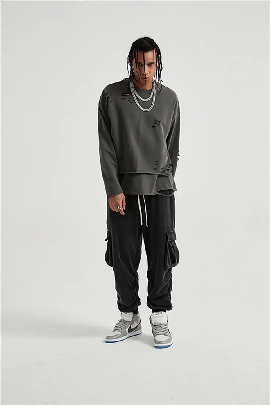 Hip Hop Streetwear Vintage Sweatshirt 2026 Autumn Creative Distressed Destroyed Ripped Holes Pullover Cotton Tops Loose