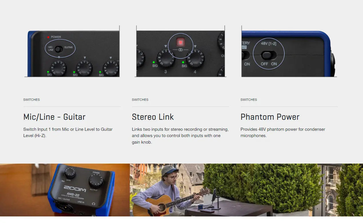 ZOOM AMS-24 USB Audio Interface for Musicians & Podcasters with 2 Inputs 4 Outputs for Recording and Streaming on PC Mac iOS