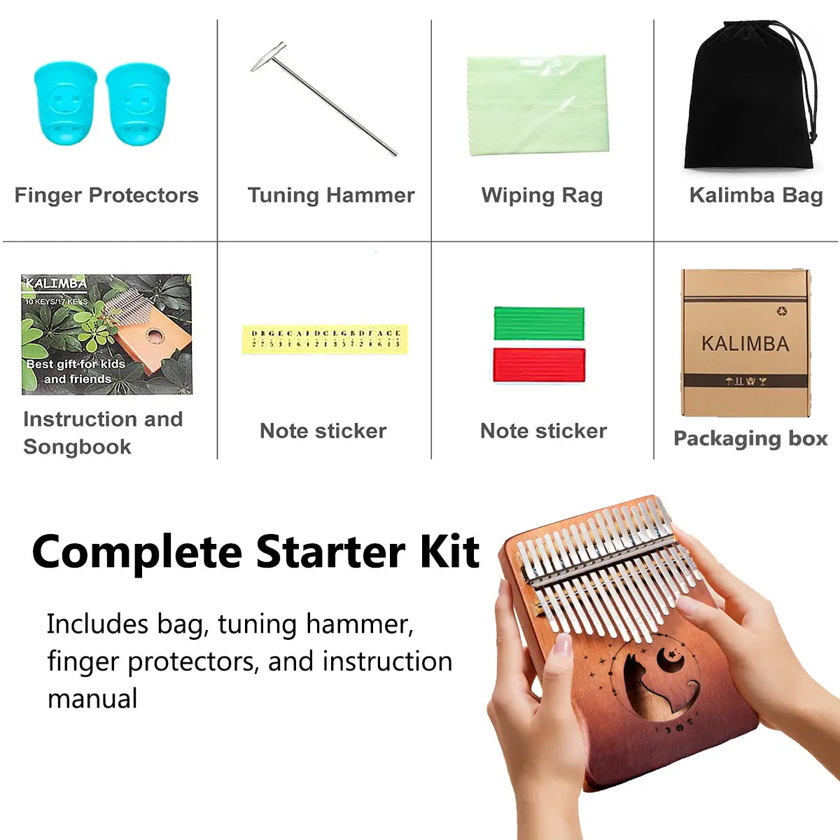 Miwayer 17/21 Keys Cat Kalimba Thumb Piano Mahogany Wood Beginner Musical Instrument with Bag & Tuning Kit