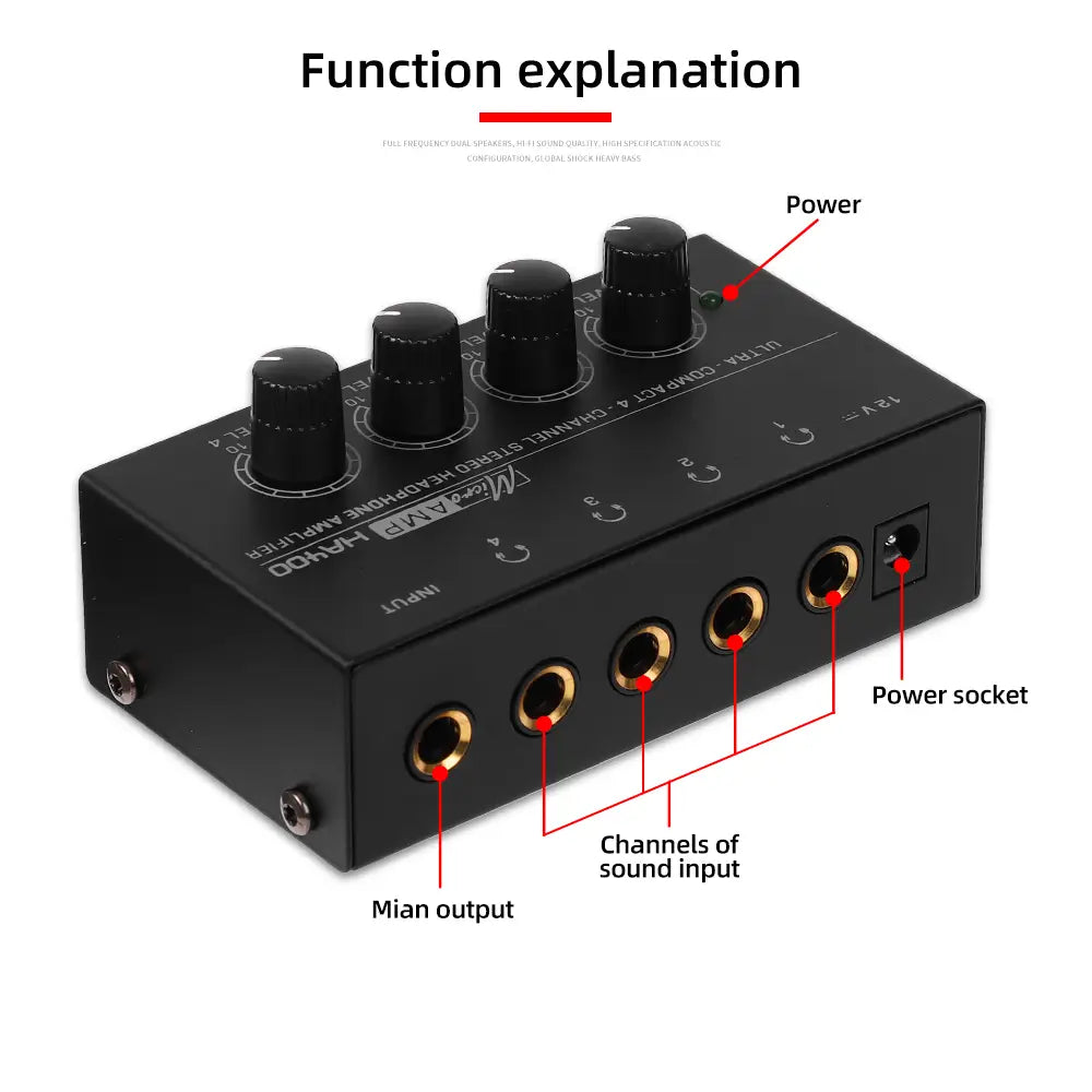 Headphone Amplifier Ultra-Compact Stereo Earphone Amplifier Audio Amplifier 4 Channels for Music 6.35MM Jack with Volume Control