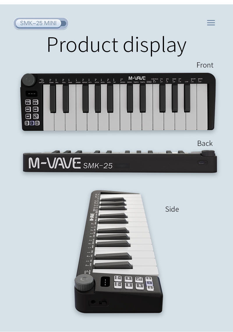 M-VAVE SMK-25mini MIDI Keyboard 25-Key MIDI Control Keyboard instrument Rechargeable Mini Portable USB Keyboard MIDI Controller