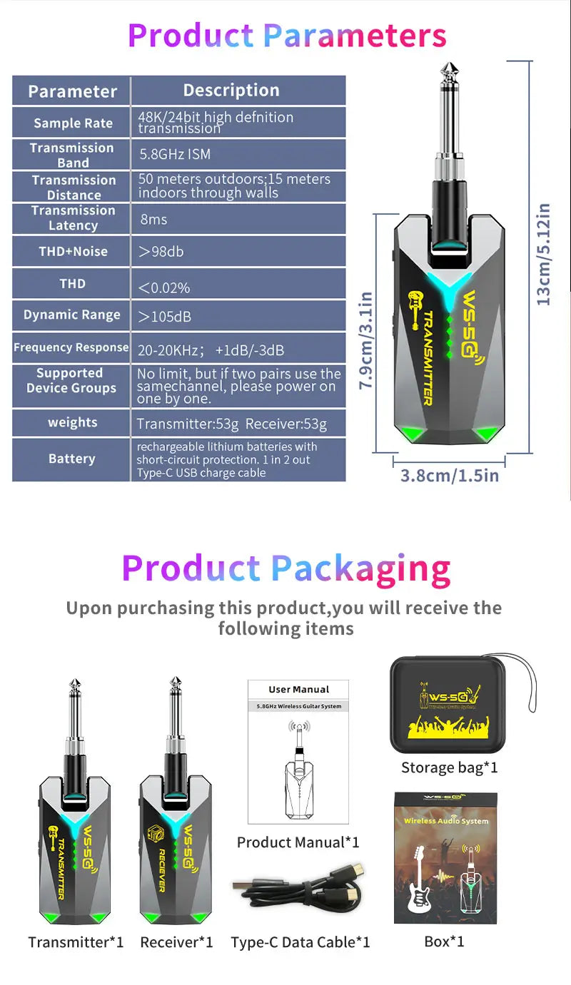 5.8GHz Wireless Guitar System Audio Rechargeable Transmitter Receiver – Works with 3.5mm & 6.35mm Jacks No Pairing Required