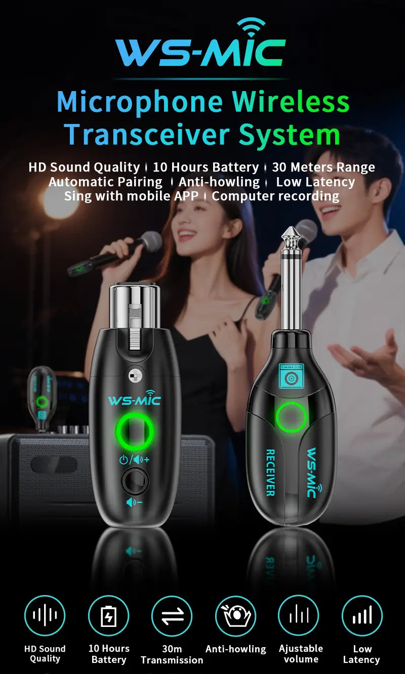 Wireless Microphone System (2 Transmitters + 1 Receiver) – HD Sound for Mobile Karaoke & PC Recording