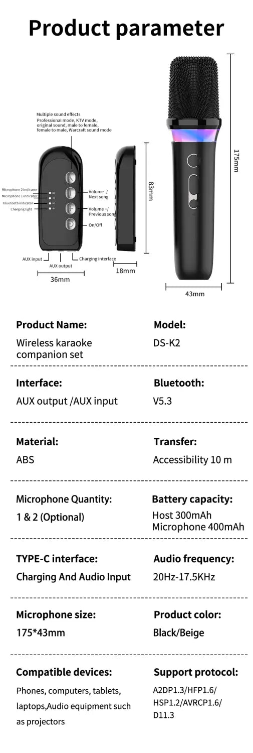 DS-K2 Karaoke Companion Bluetooth 5.3 Wireless Dynamic Microphones RGB Colorful Light Stereo DSP Mixer System For Wired Speaker
