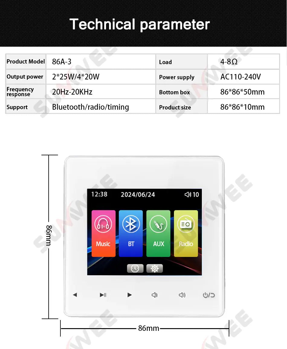 Home audio Wall music panel hotel 86 amplificador Bluetooths wall amplifier AUX TF player FM radio sound ceiling speaker system