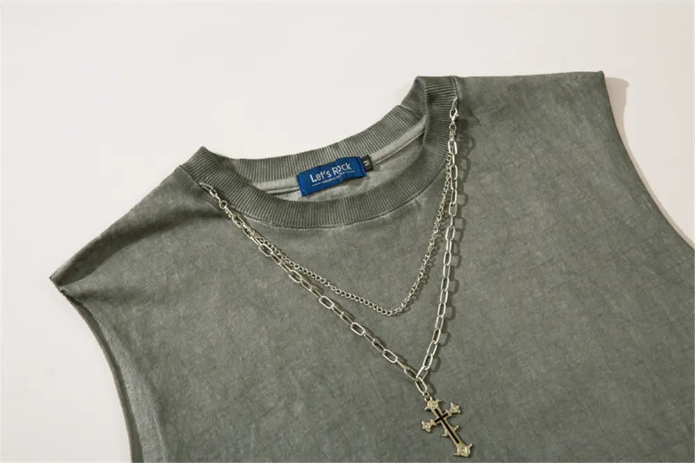 Hip Hop Tank Tops Men’s Vintage Washed Sleeveless T-Shirt Hole Harajuku Dancing Breathable Tops with Necklace Streetwear