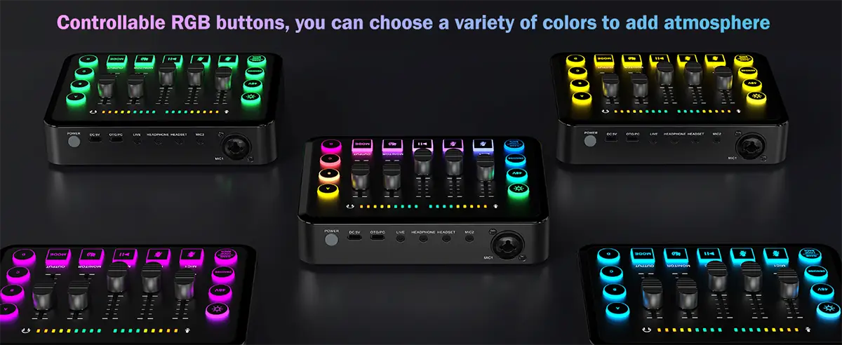 Gaming Audio Mixer,Rechargeable Audio Interface RGB Mixer with XLR Microphone Interface,48V Phantom Power,for Podcast/Recording