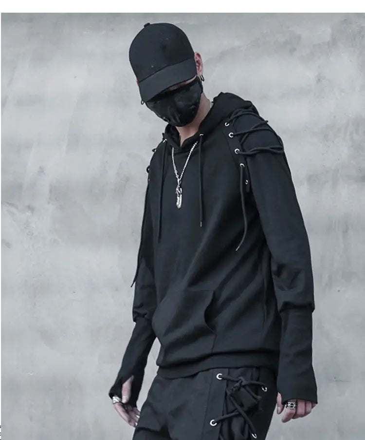 Punk Drawstring Sleeve Hooded Pullover Harajuku Techwear Hoodies Sweatshirts Mens Loose Hoody Clothing Hip Hop Streetwear
