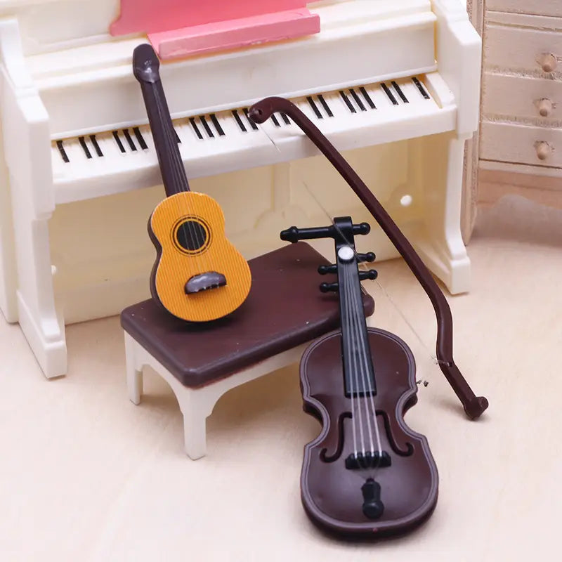 1Pc Dollhouse Mini Christmas Wood Grain Violin Instrument Simulation Popular Guitar Miniature Home Scene Model Decor Accessories