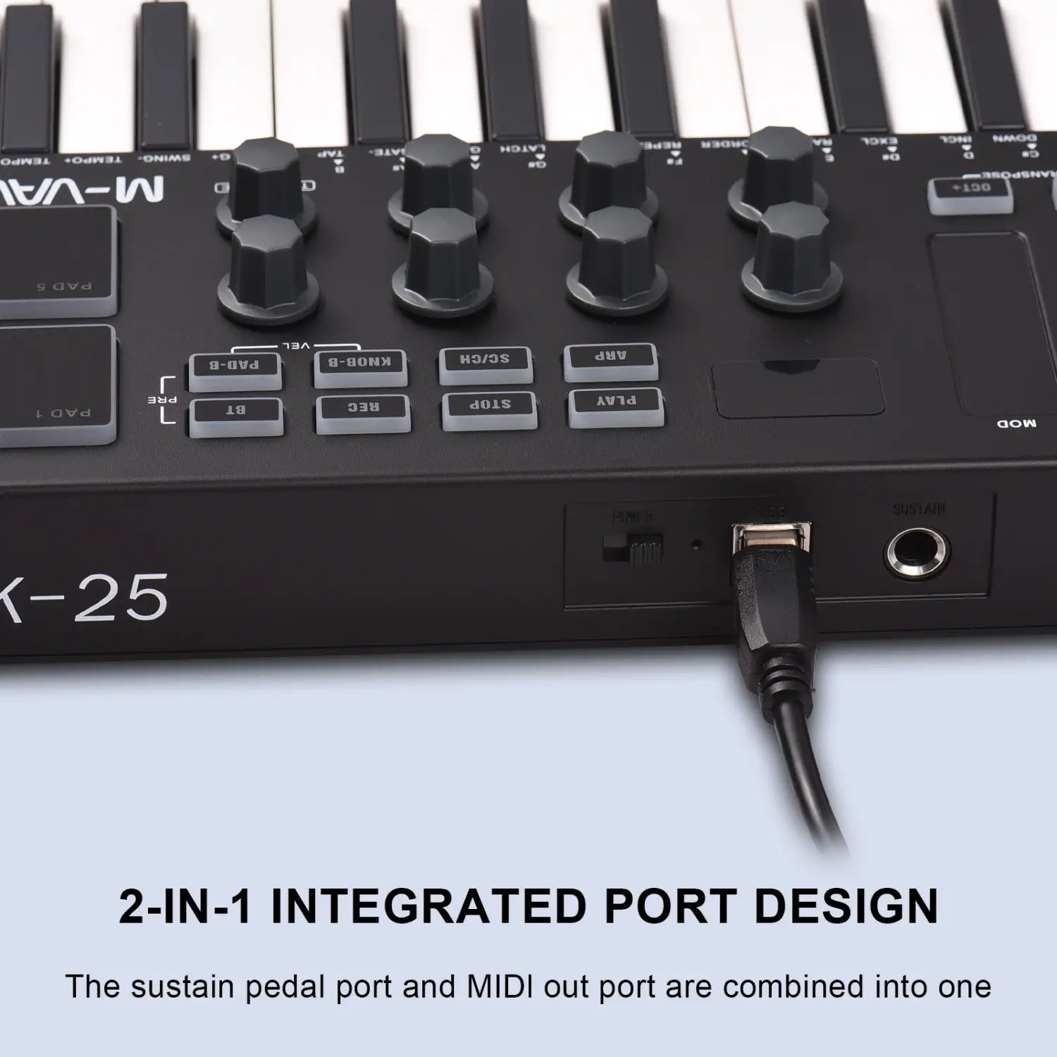 M-vave SMK-25 Mini 25 Keys Wireless / USB MIDI Keyboard Controller With 8 Backlit Drum Pads 8 Knobs and 2 Touch Stripes