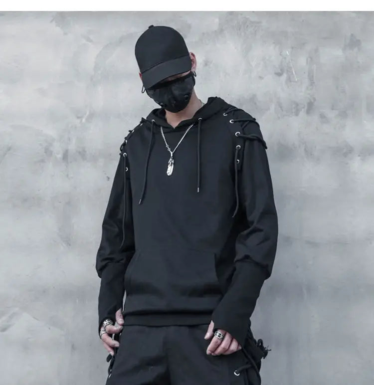 Punk Drawstring Sleeve Hooded Pullover Harajuku Techwear Hoodies Sweatshirts Mens Loose Hoody Clothing Hip Hop Streetwear