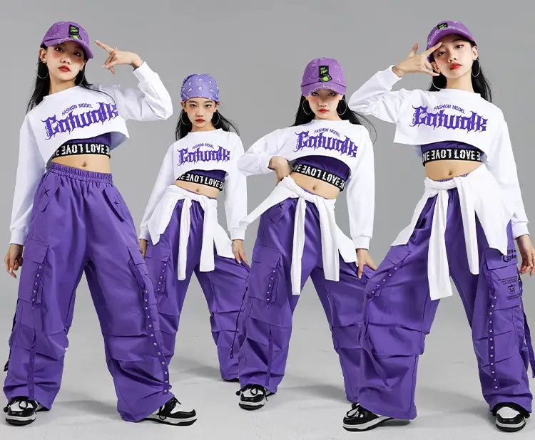 Hip Hop Girls Fashion K-pop Crop Top Purple Cargo Pants Children Street Dance Outfits Kids Streetwear Group Jazz Clothes Sets
