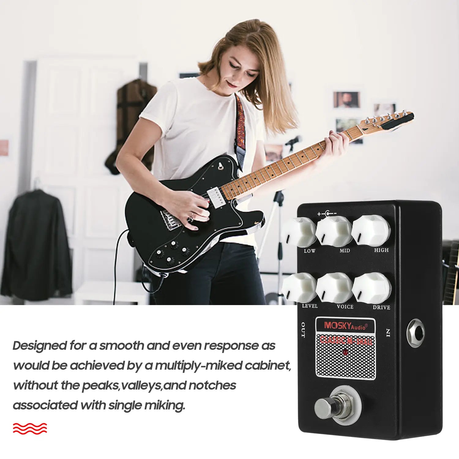 Mosky Classic M-Shall Amp Simulator Guitar Pedal - 3-Band Active EQ,Speaker Simulation,Drive/Level/Voice Control for Guitar/Bass