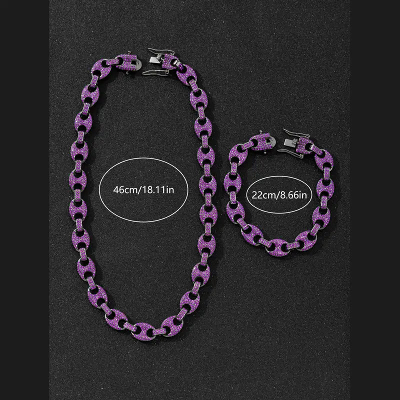 Men Women HipHop 12mm Black Purple Coffee Bean Link Necklace Bracelet Purple Cuban Chain Necklaces Fashion Jewelry Rapper Gift