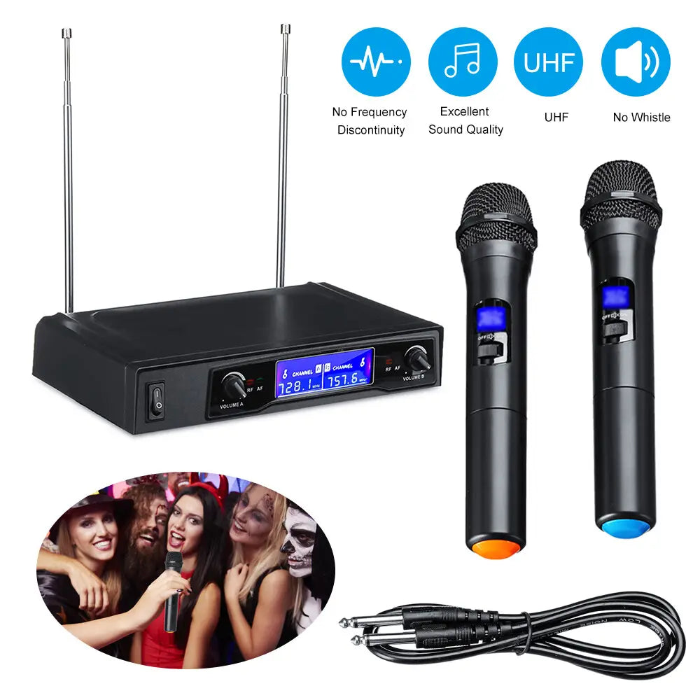 Karaoke Microphones UHF Professional 2 CH Cordless Dual Handheld Microphone Digital LCD Display Mic System Set for Party Wedding
