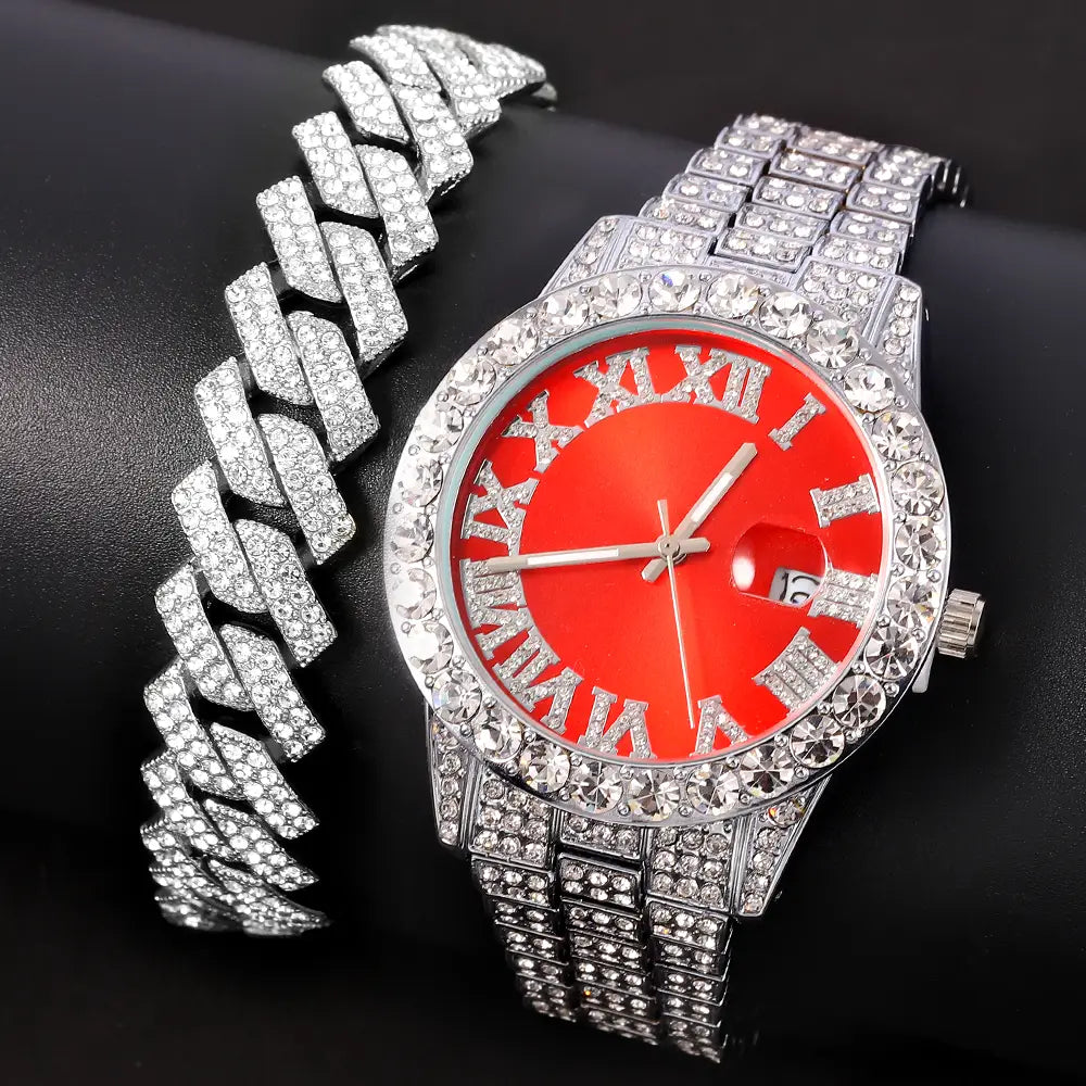 Exquisite Necklace + Watch + Bracelet Hip Hop Rapper Cuban Chain Gold Color Iced Out Paved Rhinestone Men African Jewelry Set New