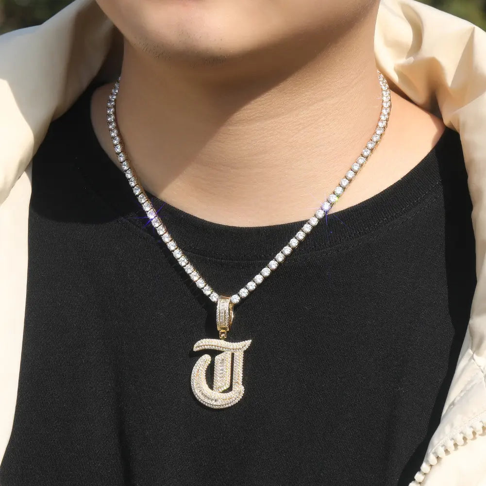 Hip Hop Micro Paved 5A+ Cubic Zirconia Bling Iced Out Old English Single CZ Letter Pendants Necklace for Men Rapper Jewelry