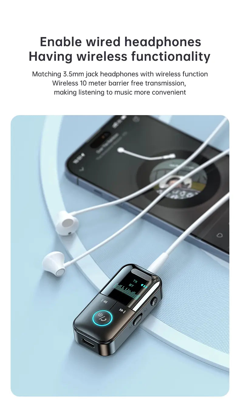 Bluetooth 5.4 Aux Adapter Audio Receiver Transmitter 3.5mm Jack LED Display for Car/Home Stereo/Wired Headphones/Speaker/TV