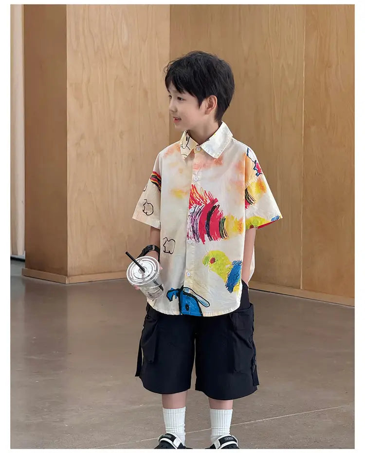 Hiphop Fashion Style Kids Boy Hip Hop Shirt with Drawings Baby Child Hiphop Rapper Dance Clothes Y2K Streetwear Clothes Tops