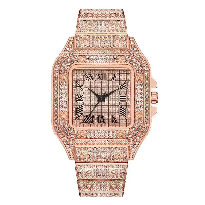 Brand Luxury Men’s Watches Stylish Alloy Strap Hip Hop Diamond Gold Date Quartz Watch Montre Homme