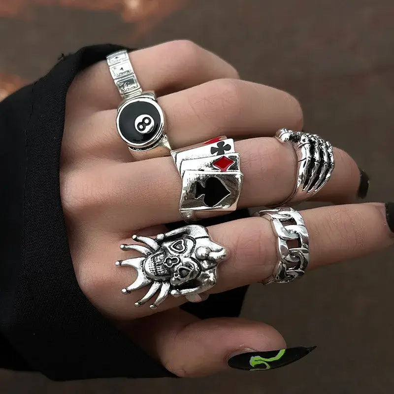 7pcs Set Punk Hip Hop Stainless Steel Men Ring Vintage Spider Bat Skull Two-headed Snake Opening Rings Jewelry Gothic Accesorios