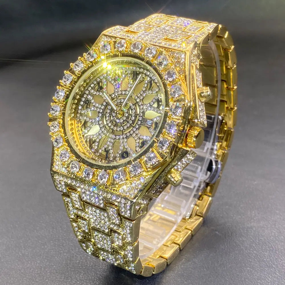 MISSFOX Hip Hop Wristwatch For Men Luxury lce Out Full Diamond Watches Fashion Green Watch Wterproof Week Display Clock 2025