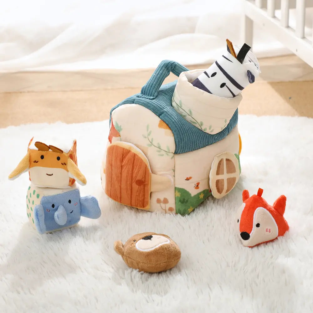 Baby Montessori Toy Plush Barn with Farm Animals Musical Touch Sensory Toys Portable Baby Farmhouse Cognition Toy for Infants