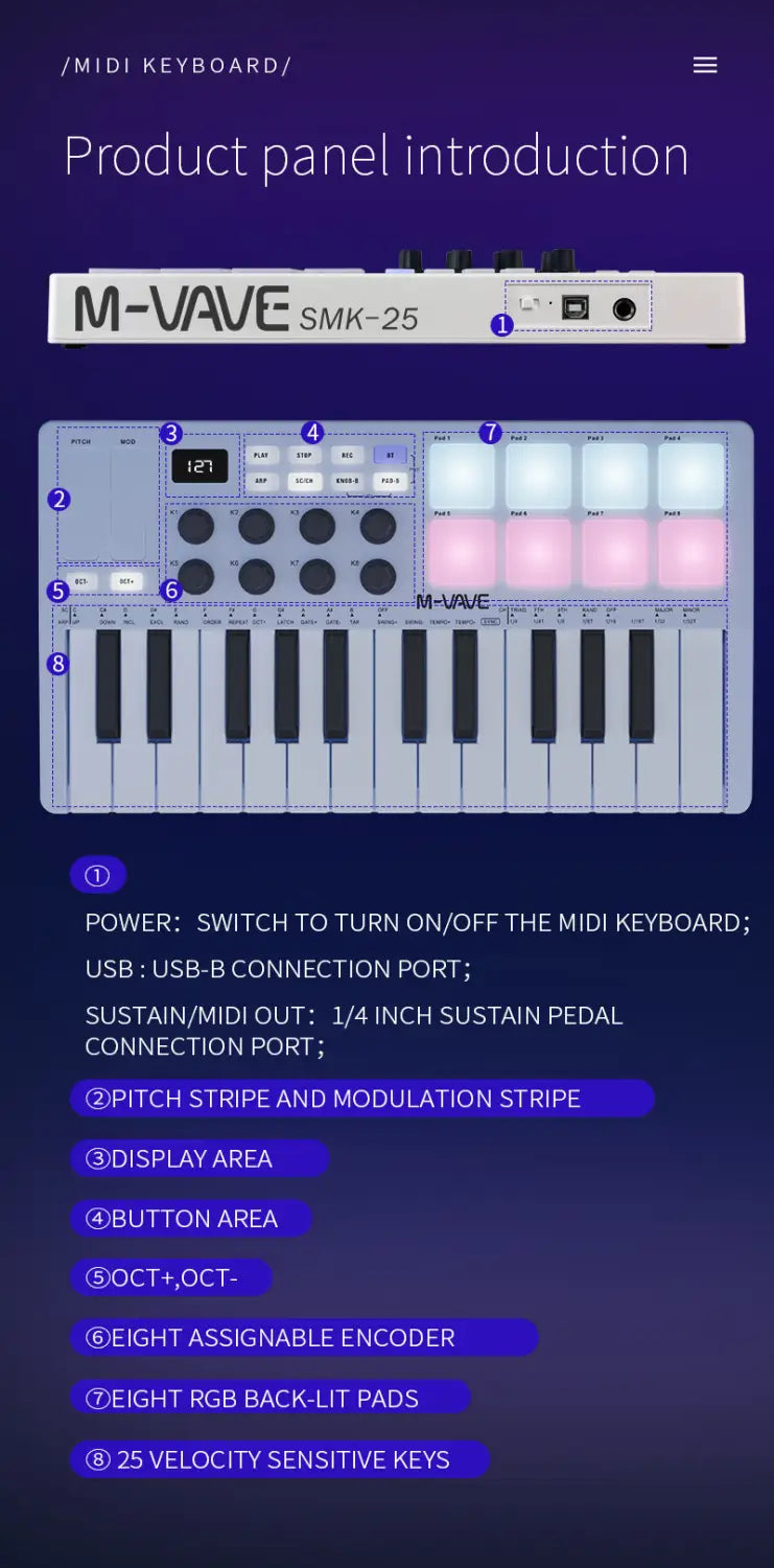 M-vave SMK-25 Mini 25 Keys Wireless / USB MIDI Keyboard Controller With 8 Backlit Drum Pads 8 Knobs and 2 Touch Stripes