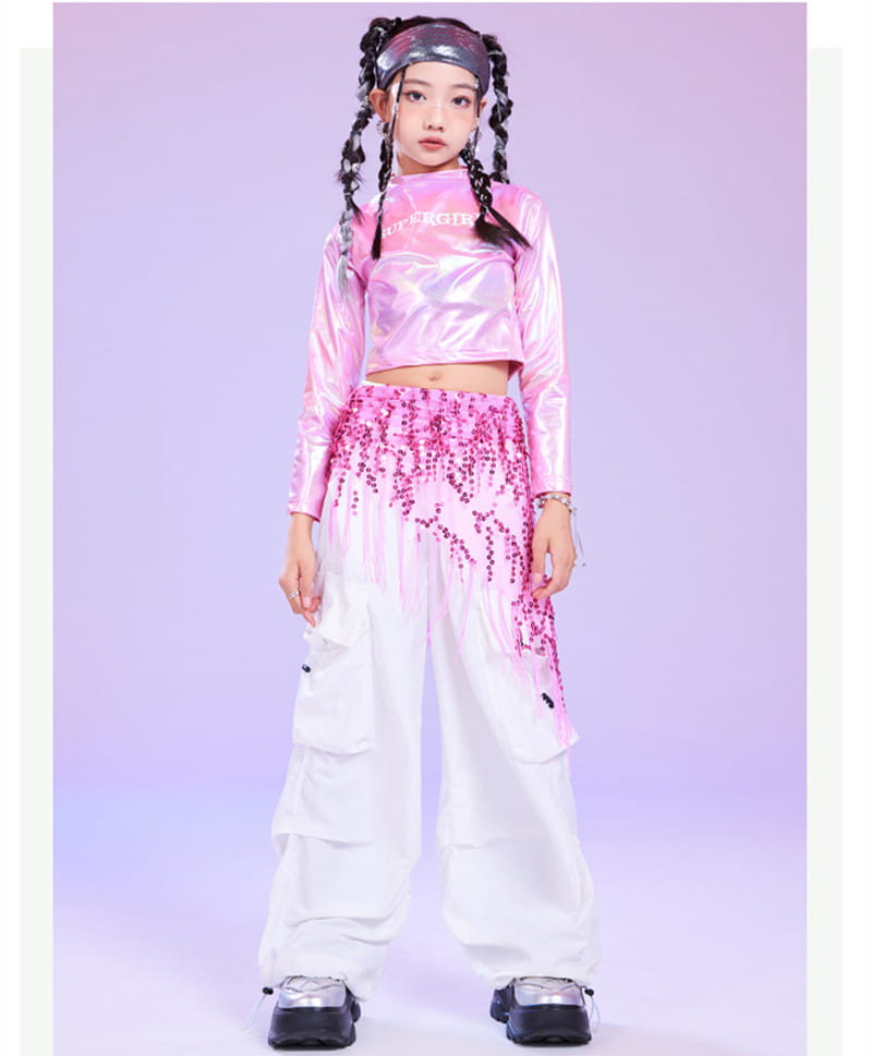 Pink Hip Hop Costume Girl Long Sleeve Laser Crop Top Shirt White Pant Sequin Hip Scarf Kids Stage Clothes Glitter Metallic Shiny