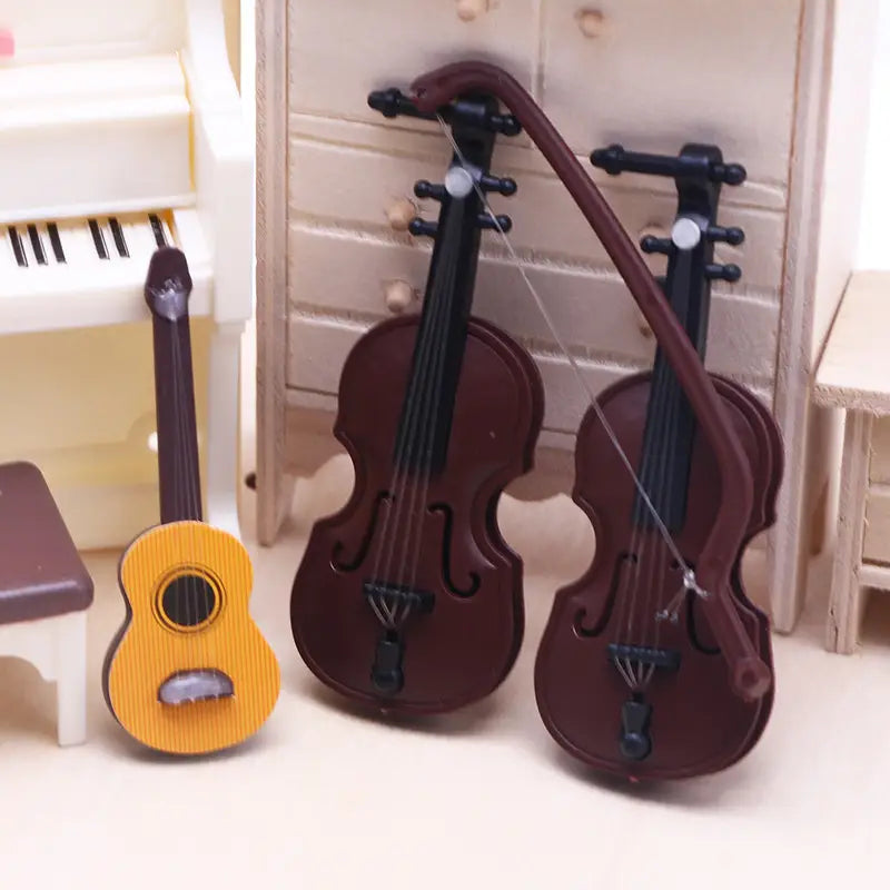 1Pc Dollhouse Mini Christmas Wood Grain Violin Instrument Simulation Popular Guitar Miniature Home Scene Model Decor Accessories