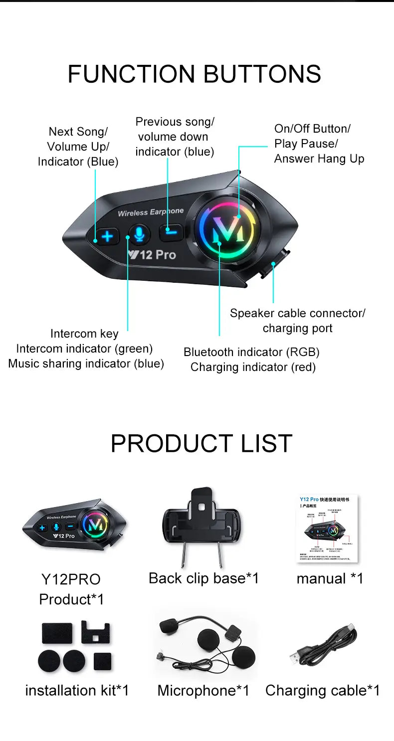 1/2x Music Interphone Dual Bluetooth 5.4 Motorcycle Helmet Intercom Headset Waterproof 500m Intercomunicador Speaker Earphone
