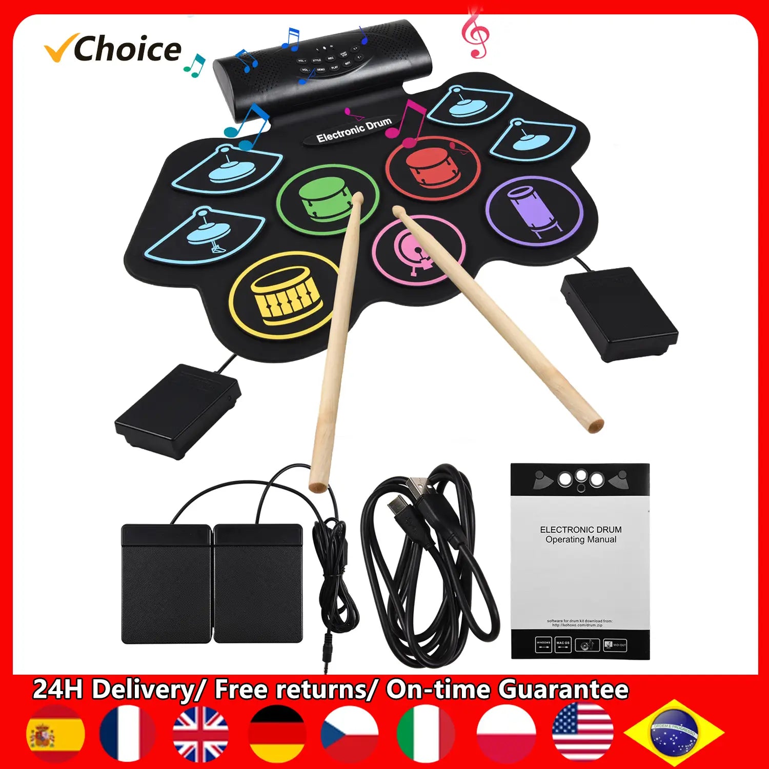 Electronic Drum Set Hand Roll Drum Percussion Instrument 9 Pads BT External Sound Drumsticks Foot Pedal MIDI Interface Speaker