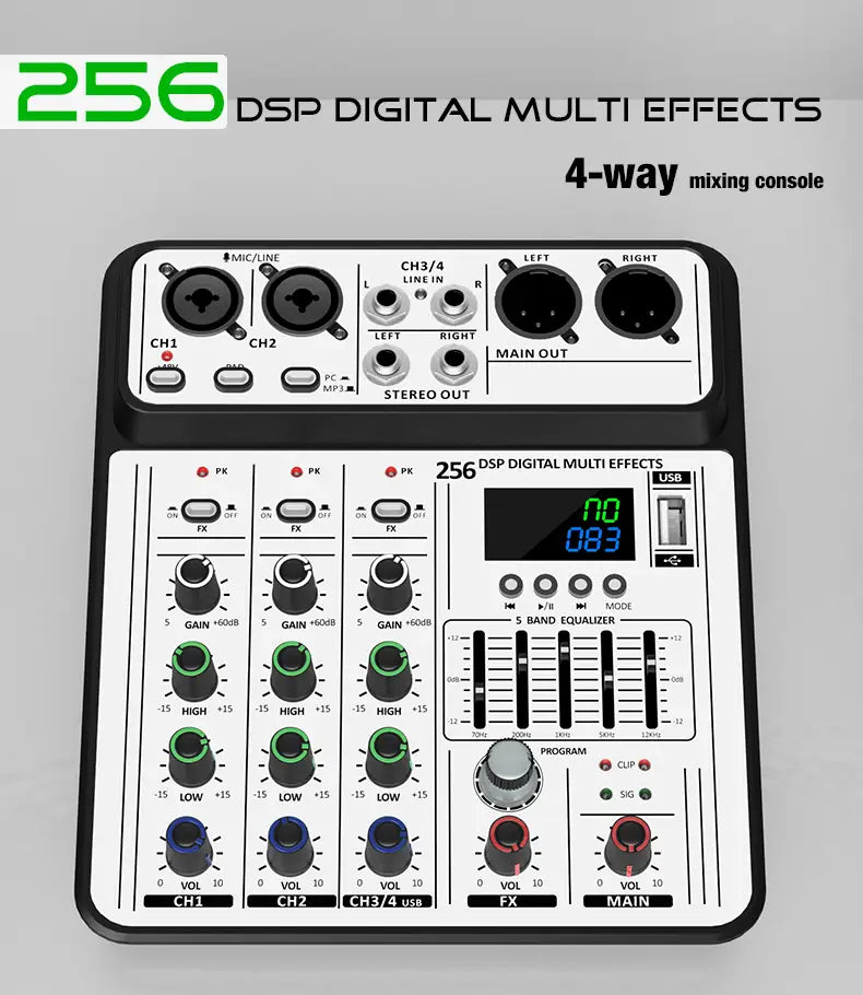 Professional 4-Channel 256DSP Audio Mixer 48V Phantom Power USB Studio Karaoke Bluetooth DJ Console Mixer