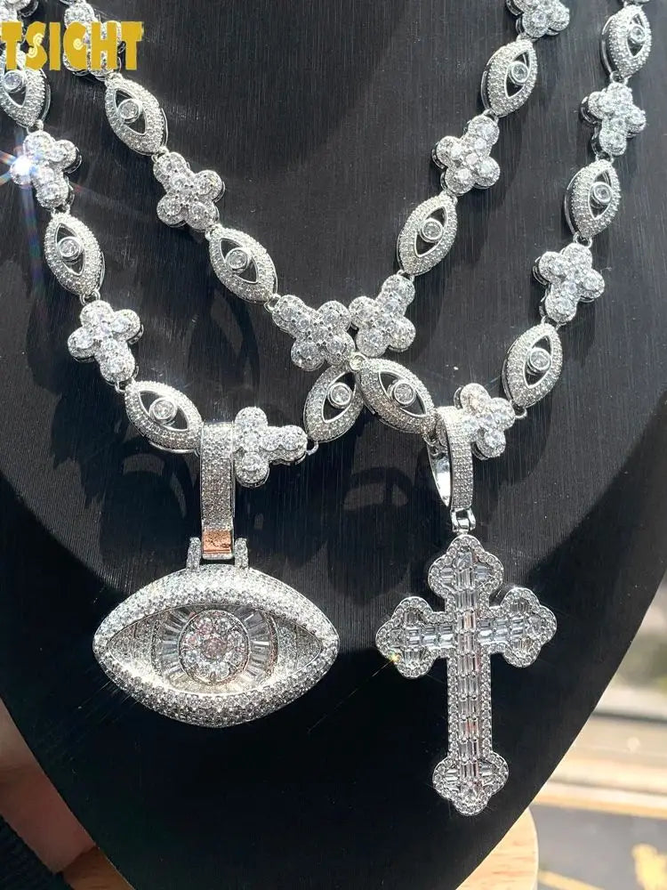 2025 New Eye Cross Necklace Iced Out Bling Silver Color Cubic Zirconia Charm Tennis Chain for Men Women Hip Hop Jewelry