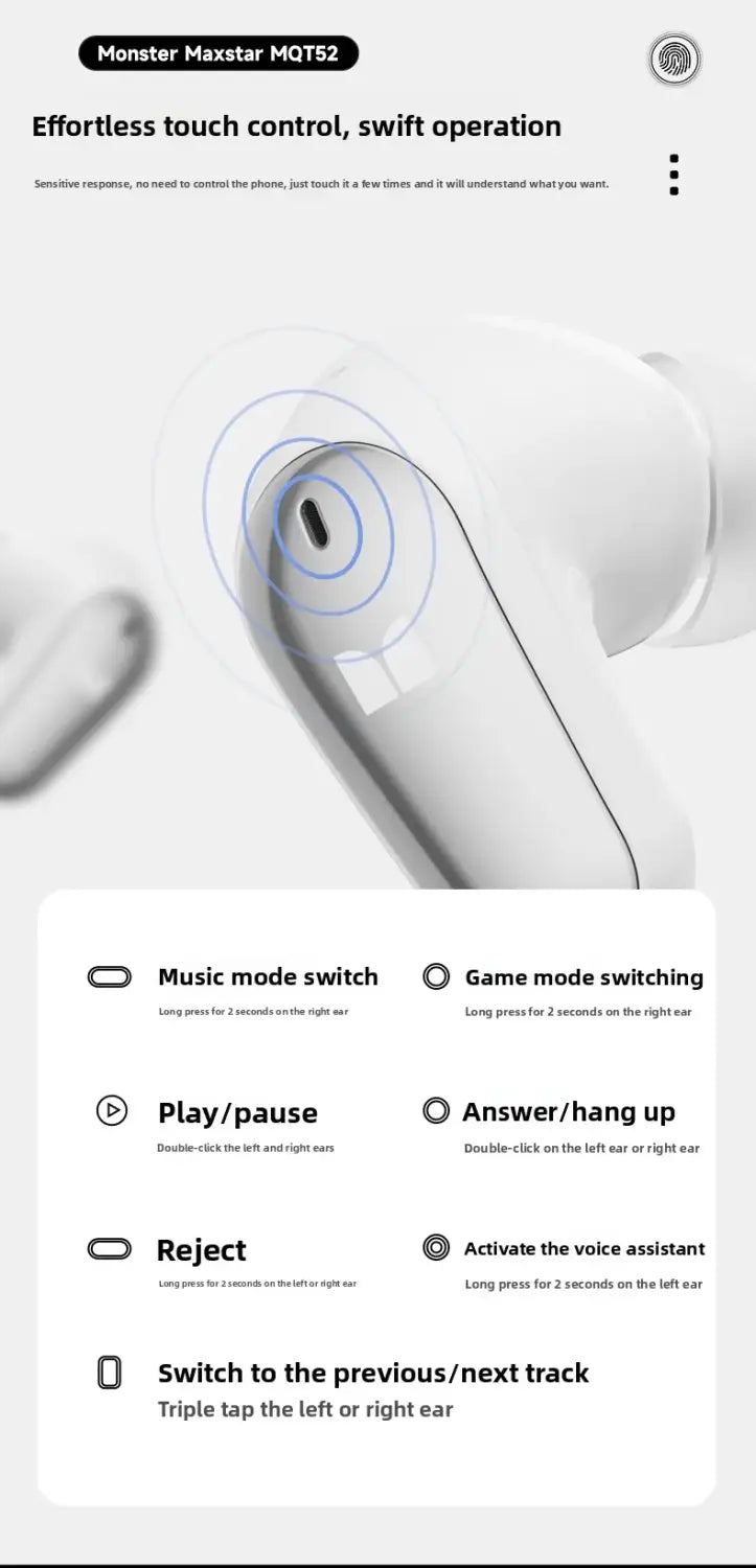 New Monster MQT52 TWS Wireless Bluetooth 5.4 Headset HIFI Stereo Music Gaming Earphones Talking Noise Canceling Earbuds