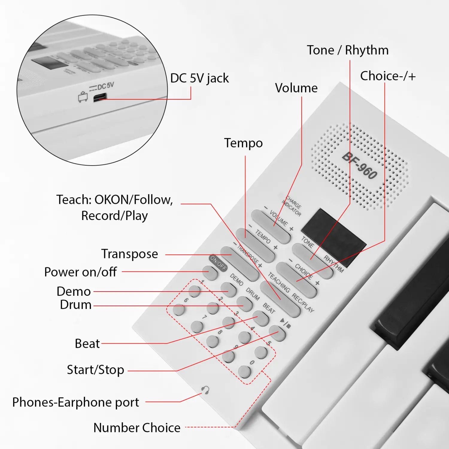 61 Key Electronic Piano Keyboard Portable 16 Tones 100 Rhythms Teaching Function Headphone Jack for Travel Practice Beginners