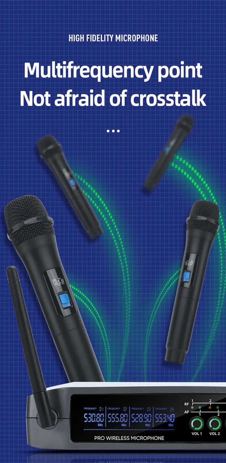 Professional VHF Wireless Microphone System 4 Channel Handheld Karaoke Microphone for Home Party Church Event TV Speaker
